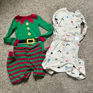 Green & Red Elf Pajama Set + Cream Halloween Print Pajamas 4t